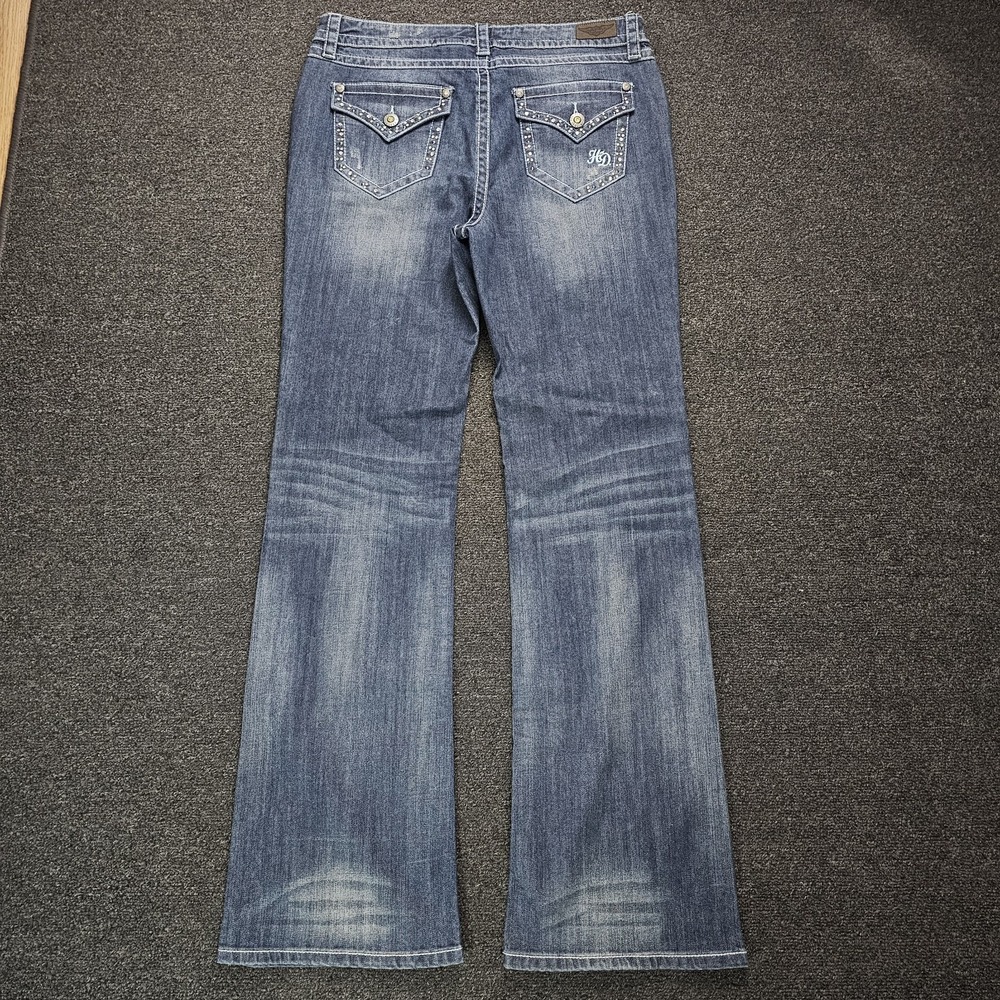 Y2K Harley Davidson Jeans Womens 14 Tall Boot Cut Embellished Medium Wash Flap - Picture 4 of 10